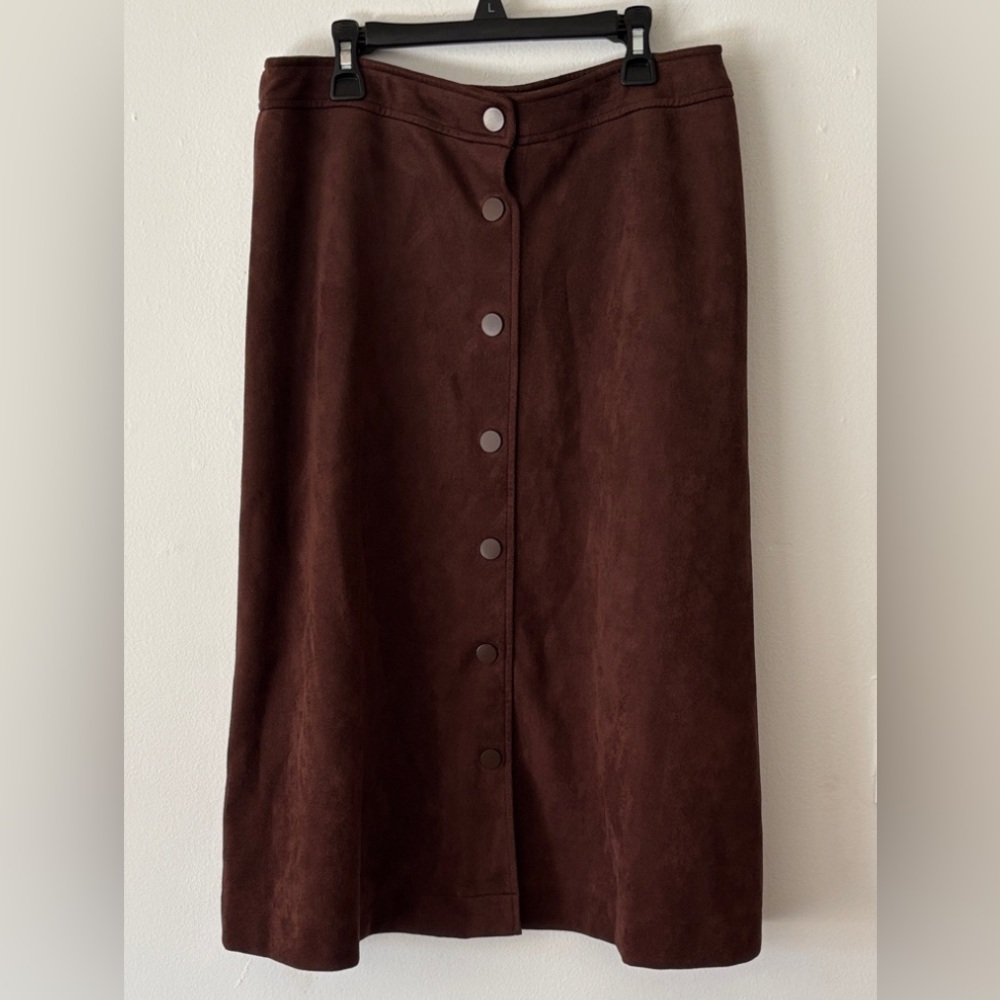 Cato Chocolate Brown Faux Suede Button Front Midi Skirt size medium